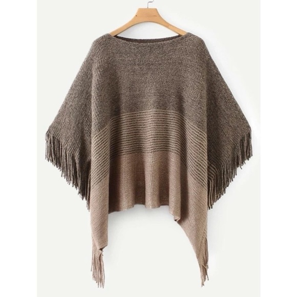 Francesca's Collections Sweaters - francesca's - Knit Poncho w/ Fringe Detail - Brown/ Tan. - One Size (OS)